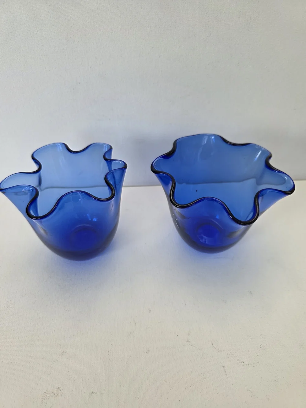 Pair of Cobalt Blue Ruffled Glass Vases - Unbranded